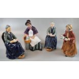 Four Royal Doulton bone china figurines to include: 'New Companions', 'Teatime', 'The Cup of Tea'