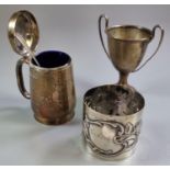 Miniature silver two handled trophy cup with Birmingham hallmarks together with a continual floral