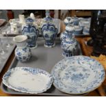 Tray of blue and white antique Delft ware to include: lidded and bottle vases, small baluster