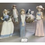 Five Nao Spanish porcelain figurines of young girls with animals and a puppy figure group. (5) (B.P.