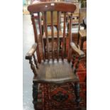 Late Victorian elm and beech slat back farmhouse armchair on baluster turned legs. (B.P. 21% + VAT)