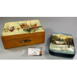 Russian lacquered box, hand painted with a Winter scene signed Kotoba, together with another