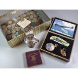 Box of oddments to include: various GB coinage, some silver, Festival of Britain 1951 coin, silver