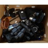 Box of cameras and assorted items to include: a Zenit EM, Finepix S5 700, Sony Cybershot, various