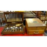 Vintage single drawer and brass shop till together with an early 20th century oak canteen of