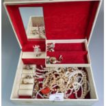 Jewellery box comprising assorted mainly costume jewellery: dress rings, simulated pearls,