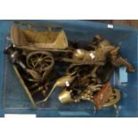 Box of metalware to include: various brass figures; horse and cart, horses, people, birds etc,
