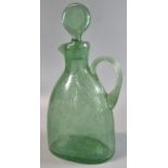 Unusual green soda glass flask shaped single handled decanter and stopper with etched decoration
