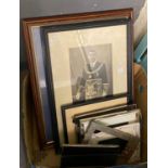 A box of assorted picture frames and furnishing pictures including: Masonic portrait, football print