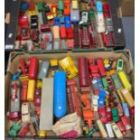 Two trays of vintage Dinky, Mettoy, Corgi and other diecast model play worn vehicles, various to