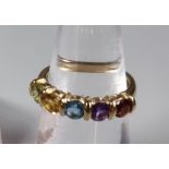 9ct gold multi coloured five stone dress ring. 2.2g approx. Size J1/2. (B.P. 21% + VAT)