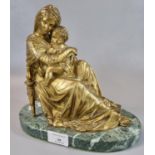 Gilt brass or bronze figure group of a young mother and child on green veined marble base. Unsigned.