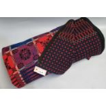 Vintage woollen Welsh tapestry blue and red ground geometric design blanket or carthen. (B.P.
