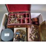 Box of oddments to include: gents wristwatches, leather stud box with studs, costume jewellery, 19th