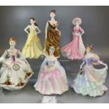 Four Coalport bone china figurines, together with two Royal Doulton figurines; 'Charlotte' and '