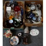 Two boxes of mostly china and glass to include: slipware, Gwili pottery jardiniere, metal topped