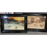 After Farquharson, winter scenes with sheep at sunset, coloured prints. A pair. 48 x 71cm approx.