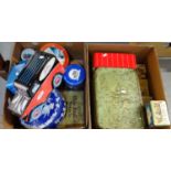 Two boxes of vintage tins to include: vehicle shaped tins, toffee tins, commemorative cigar tin,