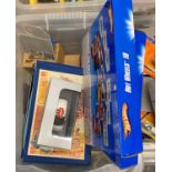 Plastic box of assorted diecast model vehicles to include: Hot Wheels 10, Matchbox carry case,
