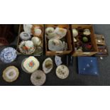 Three boxes of mostly china to include: various plates; Royal Worcester 'Evesham', Crown Devon