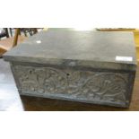 17th century style oak bible box with carved fretwork foliate panels. 37x27x15.5cm approx. (B.P. 21%