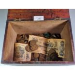 Mahogany box, the interior revealing assorted GB coinage etc. (B.P. 21% + VAT)