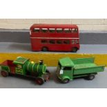 Collection of vintage metal vehicles, to include: double decker bus, tip-up truck/lorry and LMS