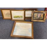 Group of furnishing pictures to include; a framed and glazed artist's pallet, three watercolours