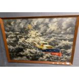 R Godfrey, lifeboat scene, a rescue in stormy seas, signed, oils on board. 59 by 92cm approx.