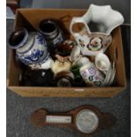 A box of assorted items, mostly china to include: Corona ware 'Windsor' design jug, Poole pottery