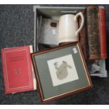 Small box of mixed items to include: needlepoint picture of a rabbit, Keith Murray Wedgwood mug, box