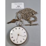 Silver open faced enamelled pocket watch with T bar chain and key. (B.P. 21% + VAT)