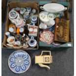 Two boxes of assorted items, mostly china, to include: Aynsley teaware, Alfred Meakin pottery vases,