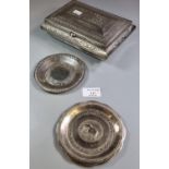Collection of Indian white metal items, to include: jewellery casket and two circular trays, one