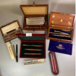Box comprising assorted vintage pens, to include: Conway Stewart, modern cased and other sets