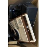 Box of items, to include: vintage Swinger travelling record player, Phillips cassette recorder,