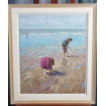 James Mackeown (British born 1961), children an a beach, signed. Oils on canvas. 67x55cm approx.