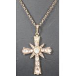 19th century diamond cross pendant on chain, possibly French, inset with 21 diamonds, unmarked.