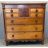 Victorian oak Scotch chest of drawers, the moulded and dental cornice above an arrangement of four