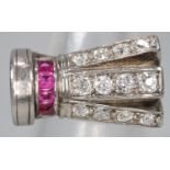 Art Deco design diamond and ruby on platinum ring, appearing unmarked. Size M1/2. 7.1g approx. (B.P.