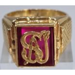 18ct gold gents signet ring with monogram and red stone (possibly ruby). 25.8g approx. Size U1/2. (