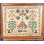 Late Victorian child's sampler, E. A. J. Jones, Aged 12, dated 1895, overall decorated with flowers,