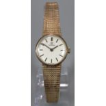 Omega 9ct gold ladies bracelet mechanical wristwatch having satin face with Baton numerals and