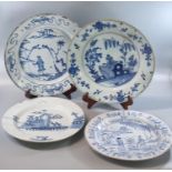 Collection of four 18th century Delft tin glazed earthenware blue and white plates, mainly decorated