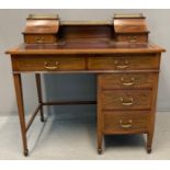 Edwardian ladies inlaid mahogany and mixed woods bonheur de jour writing desk, the pierced brass