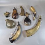 Interesting group of 19th century moulded horn and natural horn powder and shot flasks, all with