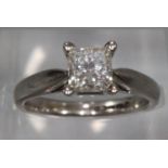 18ct white gold, princess cut diamond solitaire ring. Size J. 4.1g approx. (B.P. 21% + VAT)