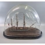 19th century scratch built wooden model of a three masted Naval ship with a small paddle wheeler