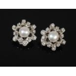 Pair of Edwardian style 18ct white gold pearl and diamond clip-on earrings, marked 750, 2 carat