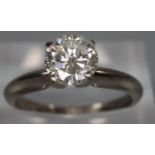 18ct white gold diamond round brilliant cut solitaire ring. Size I 1/2. .70 carat approx. (B.P.